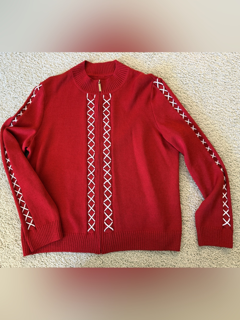 St. John Red Knit Zip Jacket White Lace Up Corset Trim Gold Hardware Size 4 - Picture 2 of 8